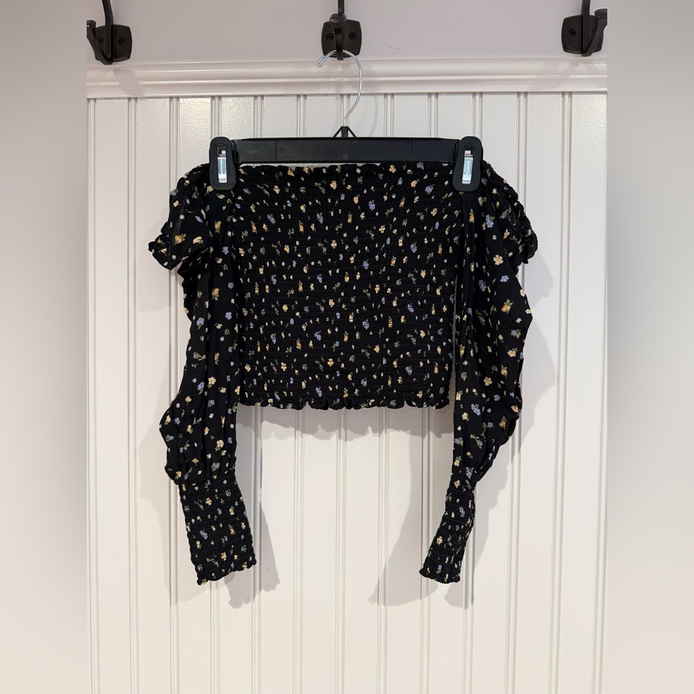 Reformation Black Ruched Long Sleeve Crop Blouse